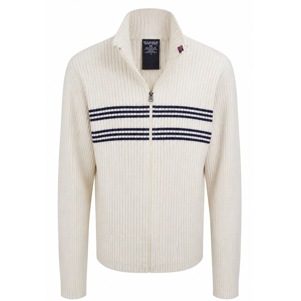 Polo Jeans Co Ralph Lauren Full Zip Sweater Large Mens Ribbed Striped Off White